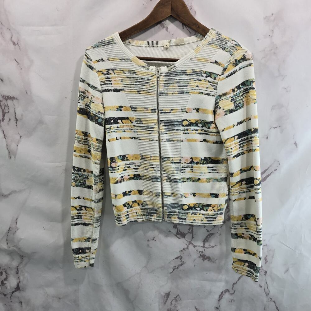 Anthropologie Cream Striped Floral Zip Cardigan with Yellow and Green Accents